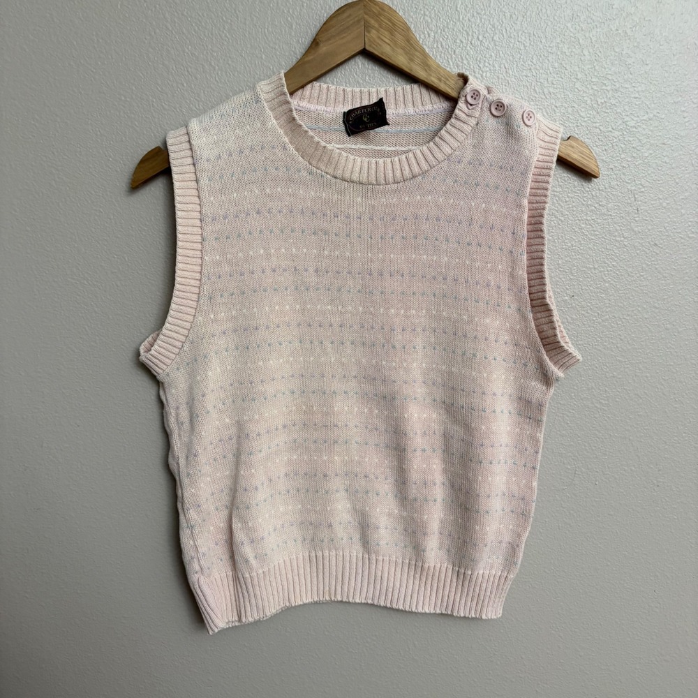 Charter Club Sweater Vest Pink Pastel Knit Button Shoulder Preppy Vintage